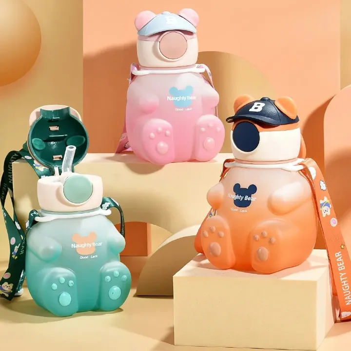 Bear Cartoon Water Bottle,cartoon shape naughty bear kids drinking water bottle / with straw,GOLOFY NAUGHTY BEAR 500 ml Water Bottle
