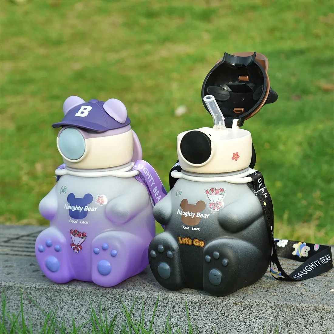 Bear Cartoon Water Bottle,cartoon shape naughty bear kids drinking water bottle / with straw,GOLOFY NAUGHTY BEAR 500 ml Water Bottle