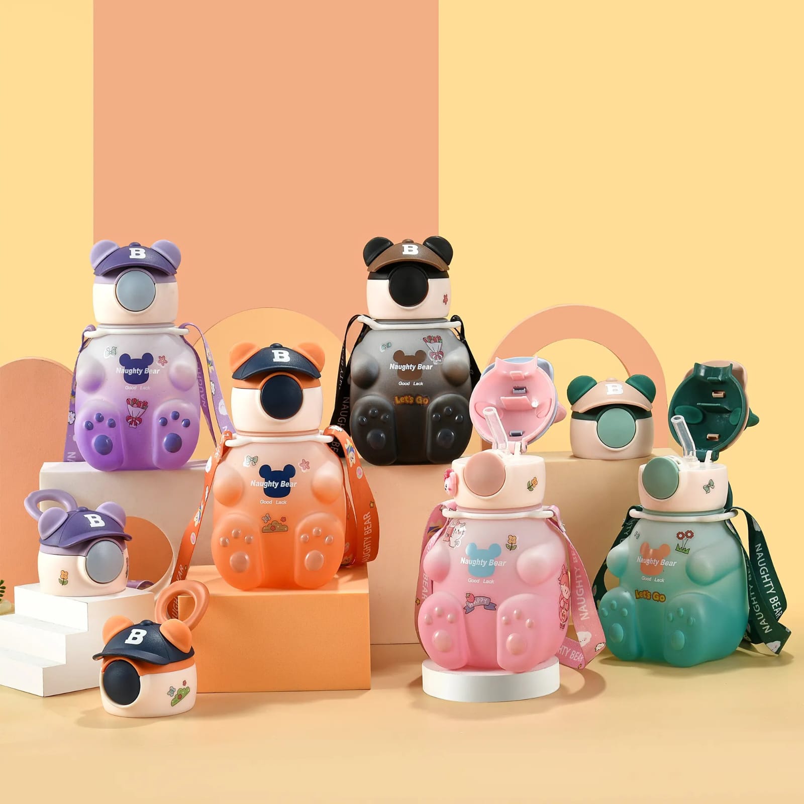 Bear Cartoon Water Bottle,cartoon shape naughty bear kids drinking water bottle / with straw,GOLOFY NAUGHTY BEAR 500 ml Water Bottle