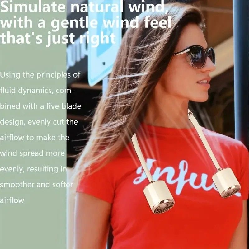 🔥🔥Gold Hanging Neck Small Fan USB Charging Three-speed Adjustable Summer Portable silent Outdoor Electric Neck Fan, Home, Office, Indoor, Outdoor, Small leafless Neck Fan