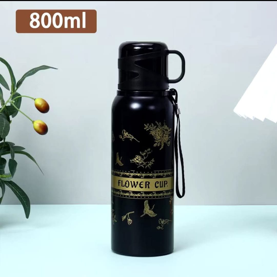 Capacity black flower cup Vacuum flask, High Color Value Outdoor Travel Coffee Tea Mug New Vacuum Bottle Design Business, office, school, car, Gifts vacuum flask