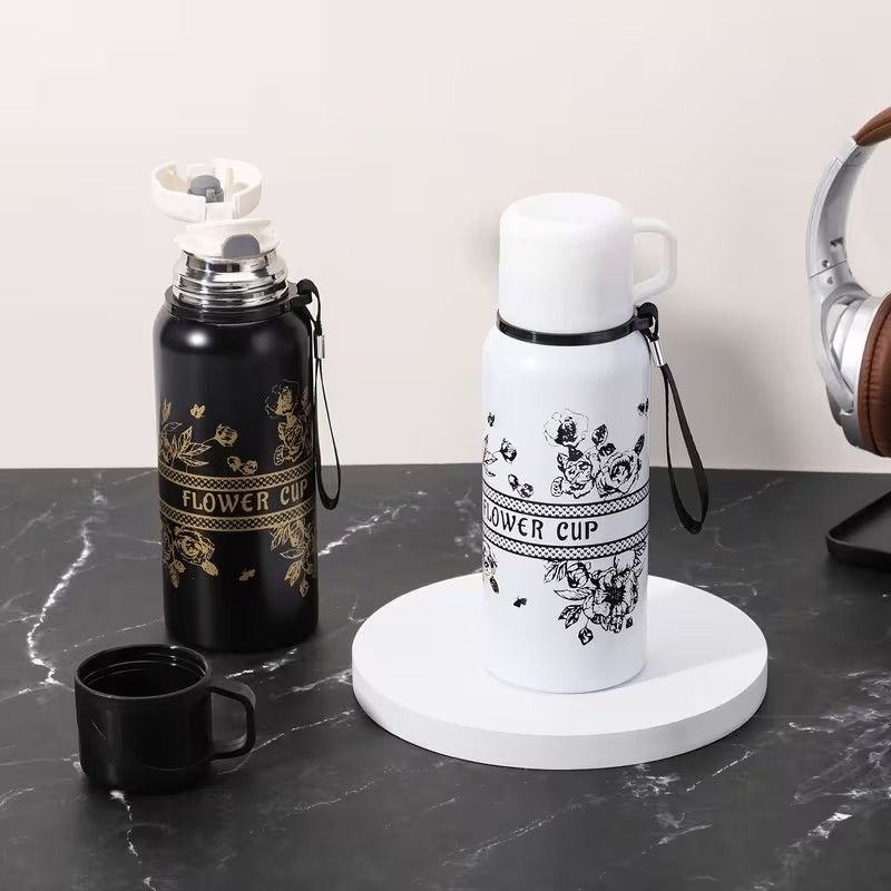 Capacity black flower cup Vacuum flask, High Color Value Outdoor Travel Coffee Tea Mug New Vacuum Bottle Design Business, office, school, car, Gifts vacuum flask