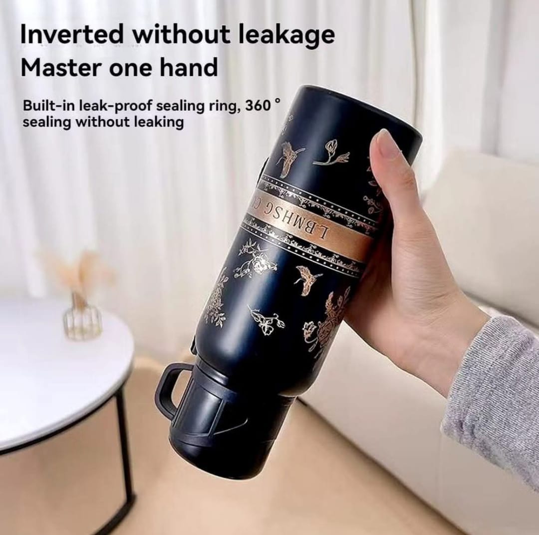 Capacity black flower cup Vacuum flask, High Color Value Outdoor Travel Coffee Tea Mug New Vacuum Bottle Design Business, office, school, car, Gifts vacuum flask