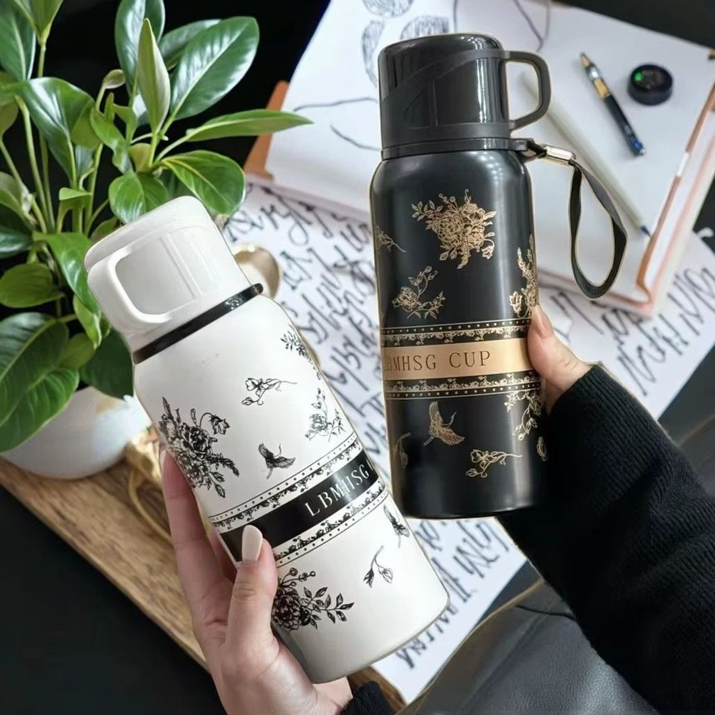 Capacity black flower cup Vacuum flask, High Color Value Outdoor Travel Coffee Tea Mug New Vacuum Bottle Design Business, office, school, car, Gifts vacuum flask