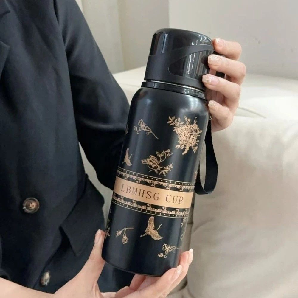 Capacity black flower cup Vacuum flask, High Color Value Outdoor Travel Coffee Tea Mug New Vacuum Bottle Design Business, office, school, car, Gifts vacuum flask