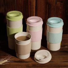 🔥Re-usable  Wheat Straw Travel Coffee Mugs Cup with Lid and Stir Easy to Go Portable Mug for Outdoor Camping Hiking Picnic