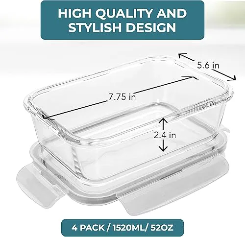 🔥 Large borosilicate Glass Container Food Storage with Lids - airtight, snap & lock shut lids Leakproof, thermal resistant BPA-Free, stackable fridge organizer Oven & Microwave