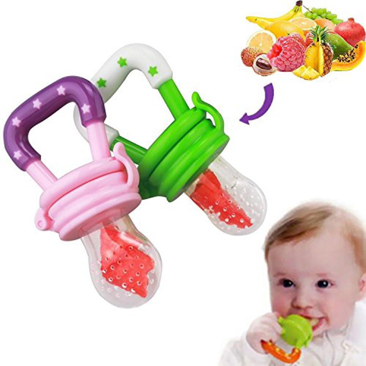 🔥Baby Fruit Pacifier A baby fruit pacifier with a strong, easy-grip handle and a soft silicone mesh for holding small fruit pieces. It helps babies enjoy fresh flavors safely and also soothes teeth