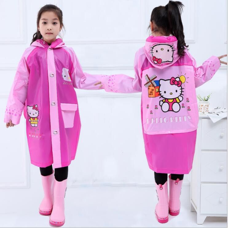 Inflatable brim kids disney cartoon themed raincoats, with hat poncho and expandable bag pack space at the back and with storage bag