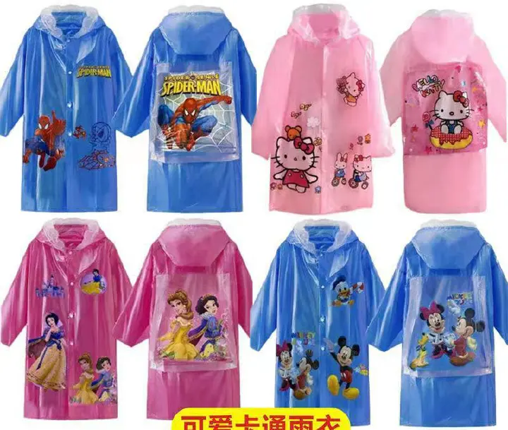 Inflatable brim kids disney cartoon themed raincoats, with hat poncho and expandable bag pack space at the back and with storage bag