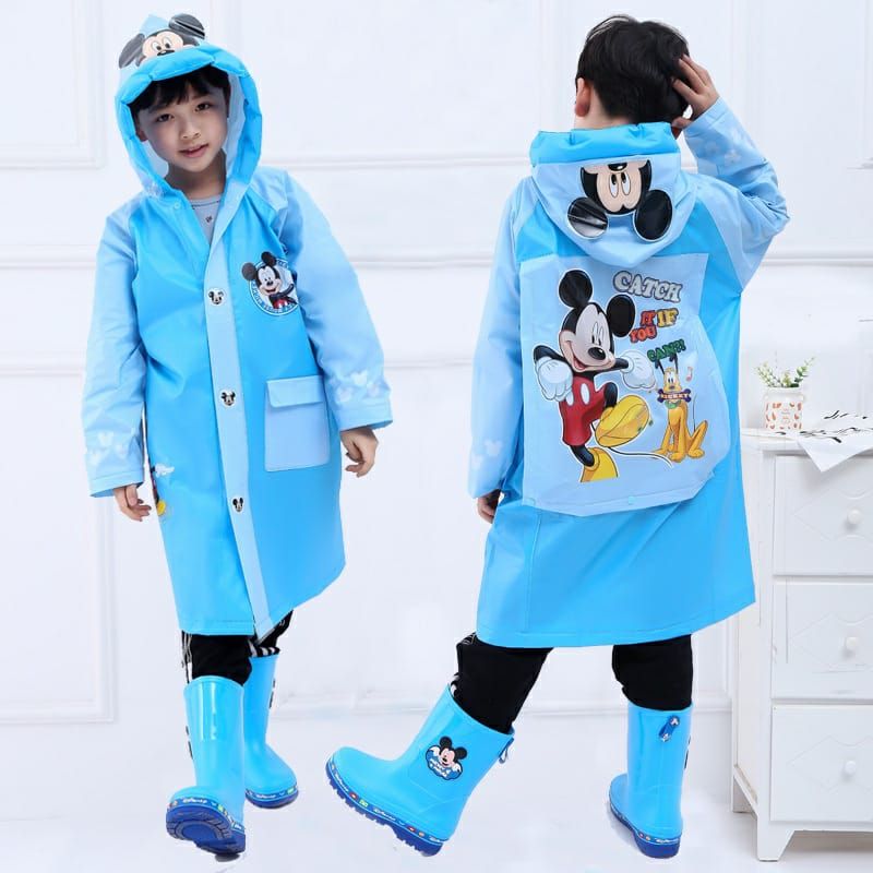 Inflatable brim kids disney cartoon themed raincoats, with hat poncho and expandable bag pack space at the back and with storage bag