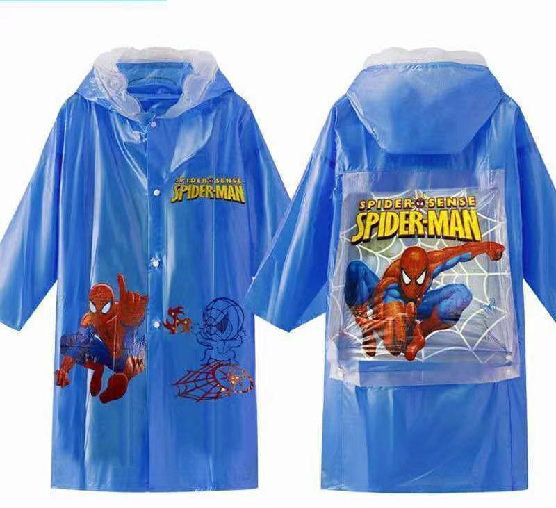 Inflatable brim kids disney cartoon themed raincoats, with hat poncho and expandable bag pack space at the back and with storage bag
