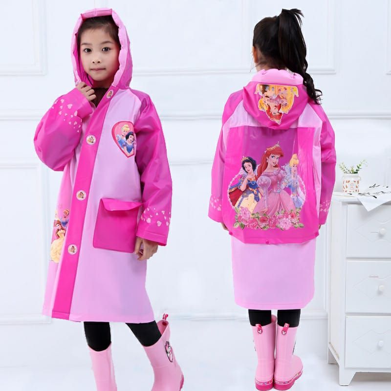 Inflatable brim kids disney cartoon themed raincoats, with hat poncho and expandable bag pack space at the back and with storage bag