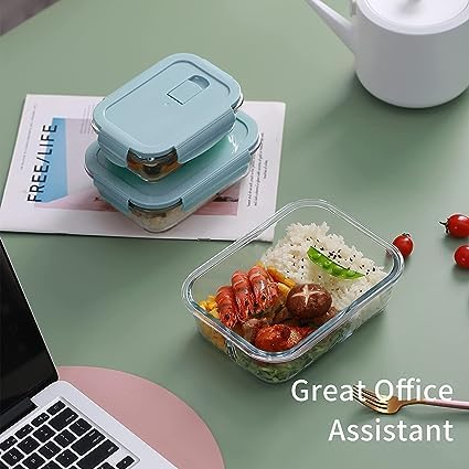 Borosilicate Glass Food Storage Containers with Lids - Airtight Leak Proof Food Container Snap & Lock Shut Lids and Silicone Seal Fridge Organizer Stackable Refrigerator Organizer, Glass Food Storage