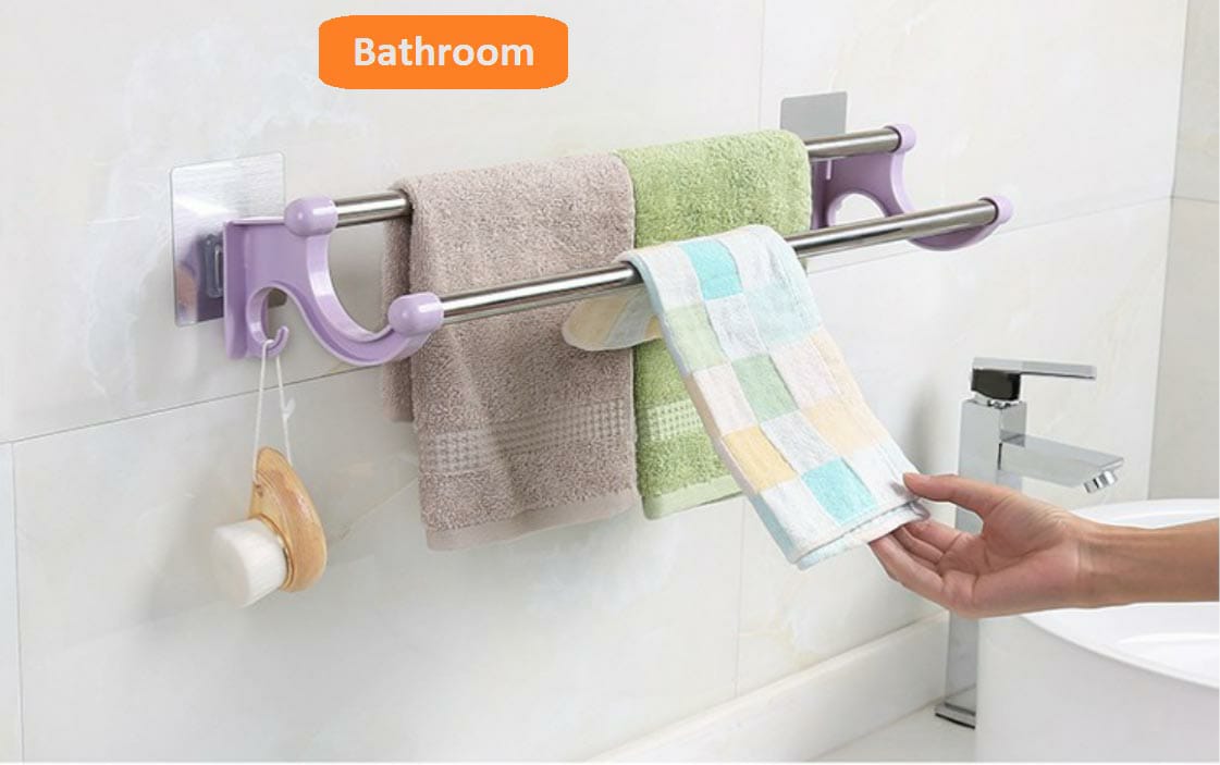 🔥🔥 self adhesive Double Pole Towel Holder, Towel Rack do both kitchen and  Bathroom Accessories