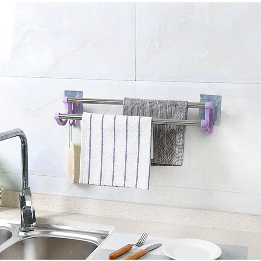 🔥🔥 self adhesive Double Pole Towel Holder, Towel Rack do both kitchen and  Bathroom Accessories
