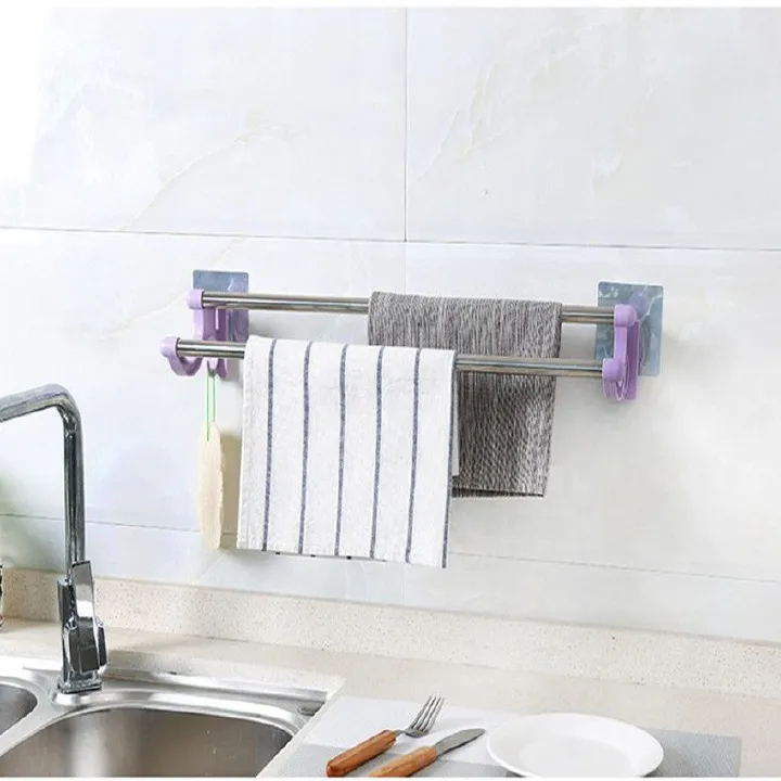 🔥🔥 self adhesive Double Pole Towel Holder, Towel Rack do both kitchen and  Bathroom Accessories