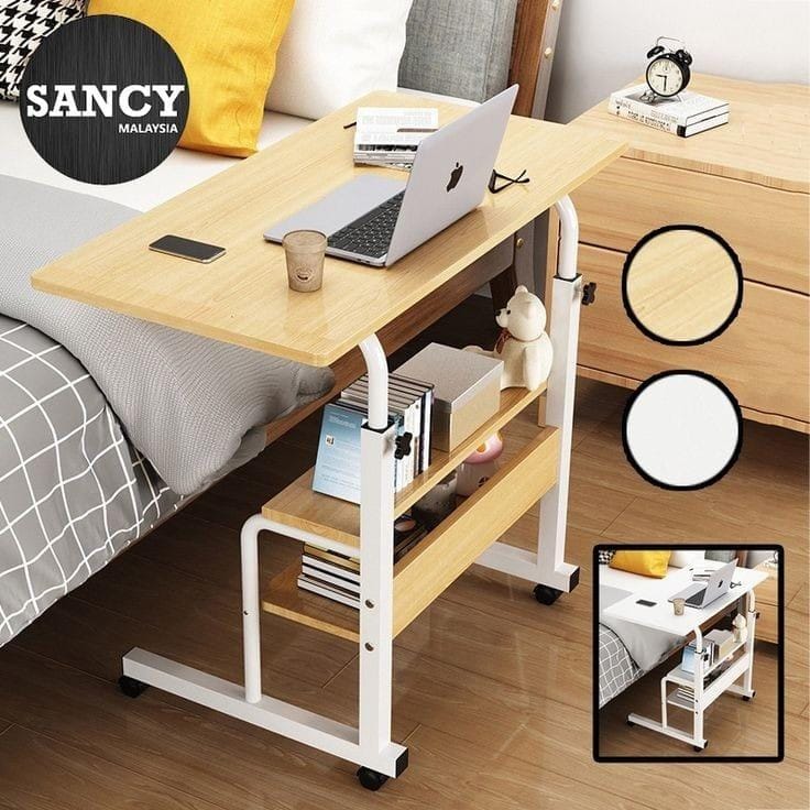 Adjustable Laptop Table with Wheels & Storage Shelf – Heavy-Duty Movable Computer Desk for Home & Office, 80×40×69–90cm (Walnut, Light Brown, Black, White)