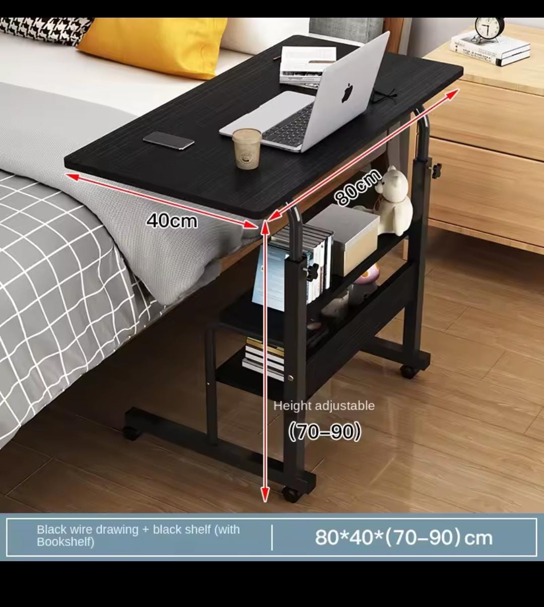 Adjustable Laptop Table with Wheels & Storage Shelf – Heavy-Duty Movable Computer Desk for Home & Office, 80×40×69–90cm (Walnut, Light Brown, Black, White)