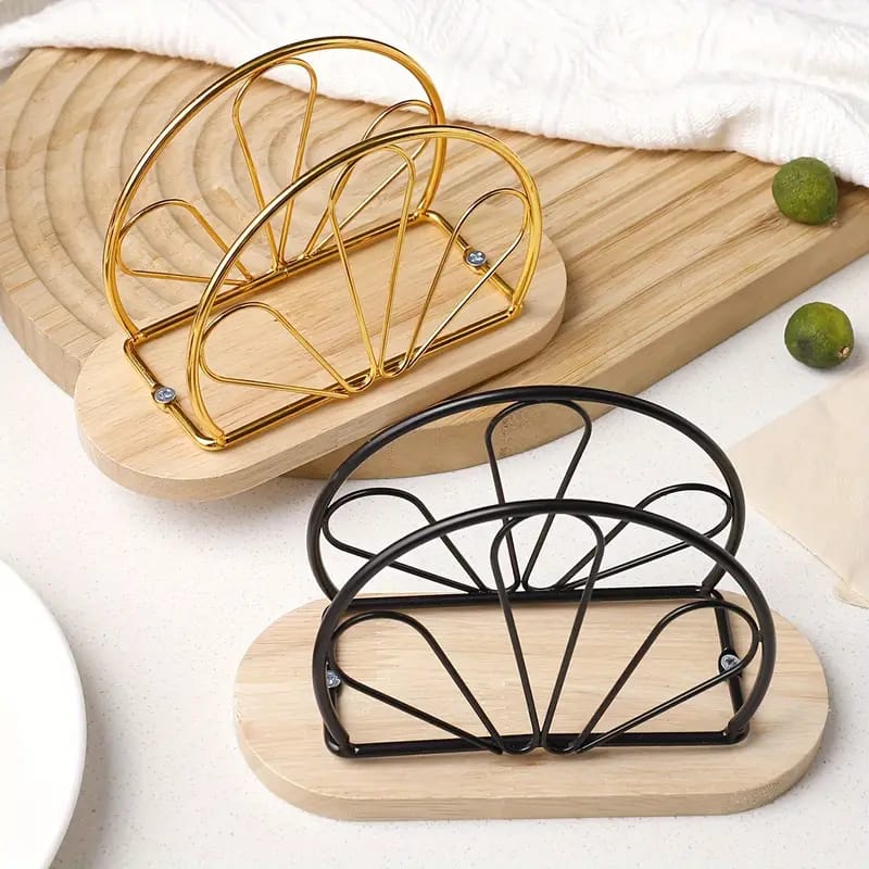 Metallic Hemisphere Serviette Holder with Bamboo Base – Modern Tabletop Napkin Stand