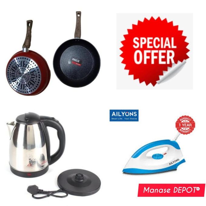 IPCONE 2 LITRES KETTLE +FREE STONE PAN +QUALITY ELECTRIC DRY IRON BOX