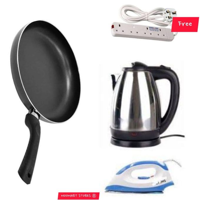 TC 26cm Non-Stick Frying Pan + HD-198A Dry Iron Box + 1.8L Stainless Steel Kettle + FREE 4-Way Power Extension – Complete Home Combo