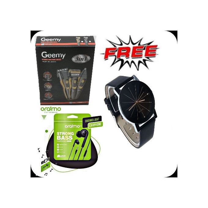 Geemy Digital Hair Clipper Shaving Machine 3 In 1 Smoother,Nose Trimmer +Free Oraimo Earphone Watch