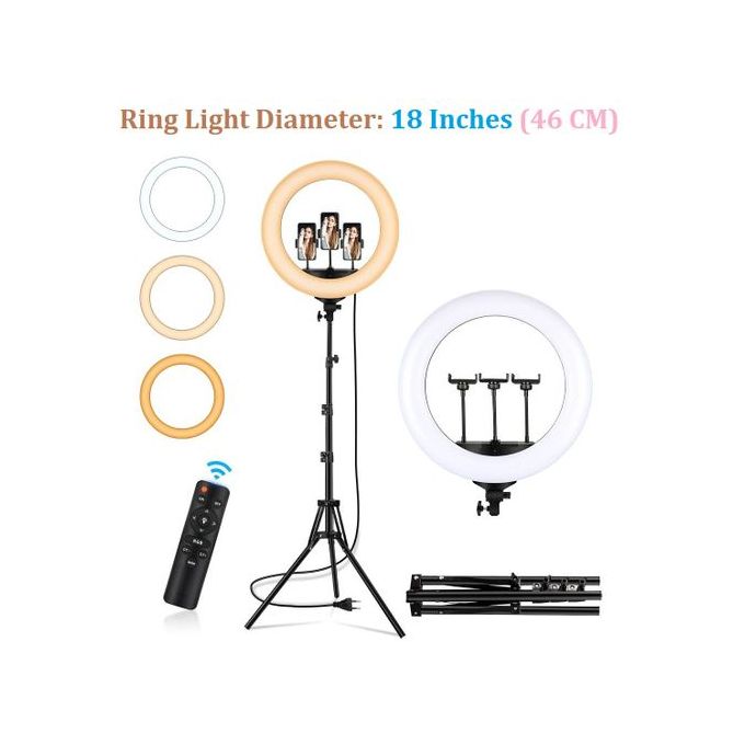 18 Inch LED RingLight with Tripod Stand, 3 Phone Holders, Remote Control - Dimmable Beauty Ring light for Selfie Live Stream/Makeup/Youtube/Tiktok Video