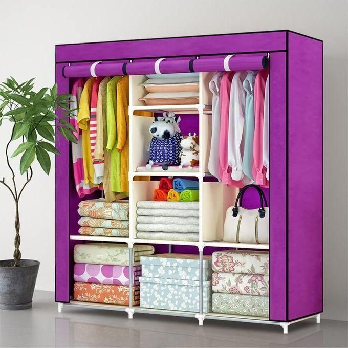 Jaza Keja 3 Columns 130cm Assemble Closets Portable Metallic Portable Cloth Wardrobe with T-shaped zipper & Velcro