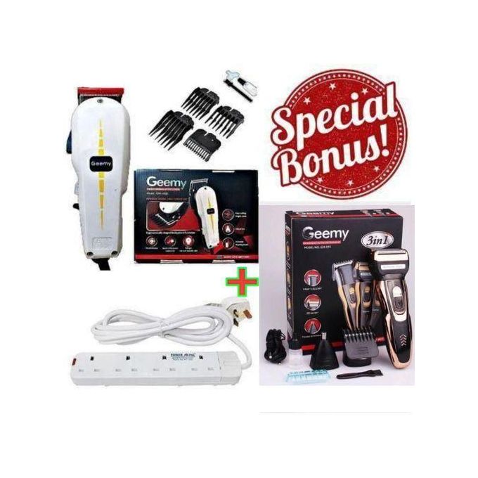 Geemy Electric Hair Trimmer Barbering Machine - Kinyozi+Best 4 Way Power Extension Cable + Rechargeable Smart 3 in 1 Hair Clipper/Trimmer With Smoother