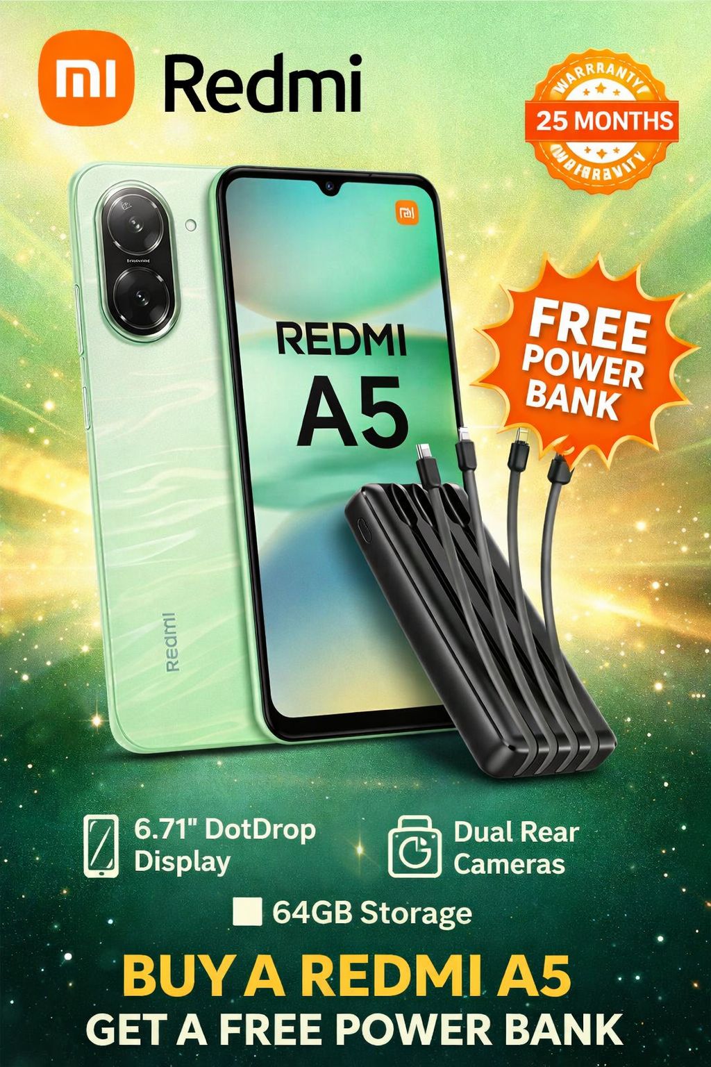 Latest Edition Xiaomi Official Redmi A5 Smartphone 6.88” Display | 3GB RAM + 64GB Storage | Dual SIM | 32MP Camera | 5200mAh Battery | Side Fingerprint | USB Type-C | FREE Powerbank