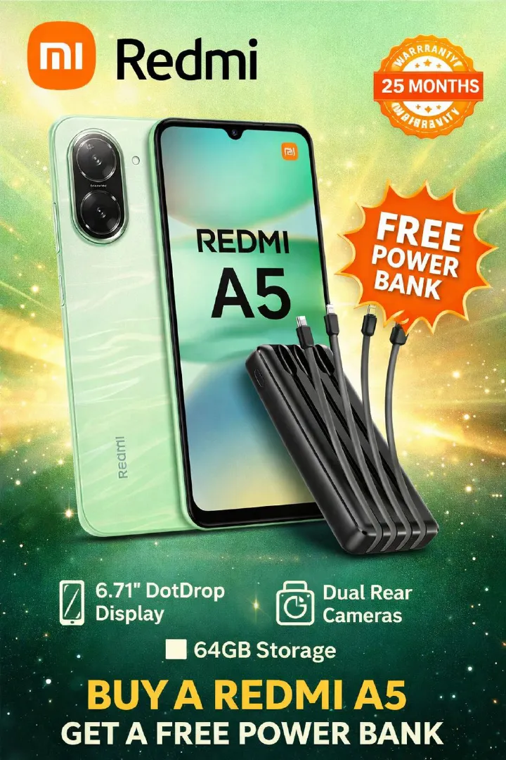 Latest Edition Xiaomi Official Redmi A5 Smartphone 6.88” Display | 3GB RAM + 64GB Storage | Dual SIM | 32MP Camera | 5200mAh Battery | Side Fingerprint | USB Type-C | FREE Powerbank