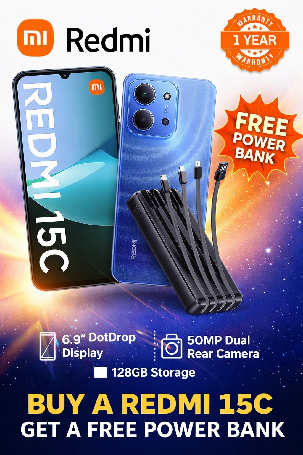 Latest Edition XIAOMI Redmi 15C Smartphone 128GB Storage | Up to 8GB RAM (4GB+4GB Virtual) | 6.9” FHD Immersive Display | 50MP AI Camera | 6000mAh Battery | 33W Fast Charging | Xiaomi HyperOS