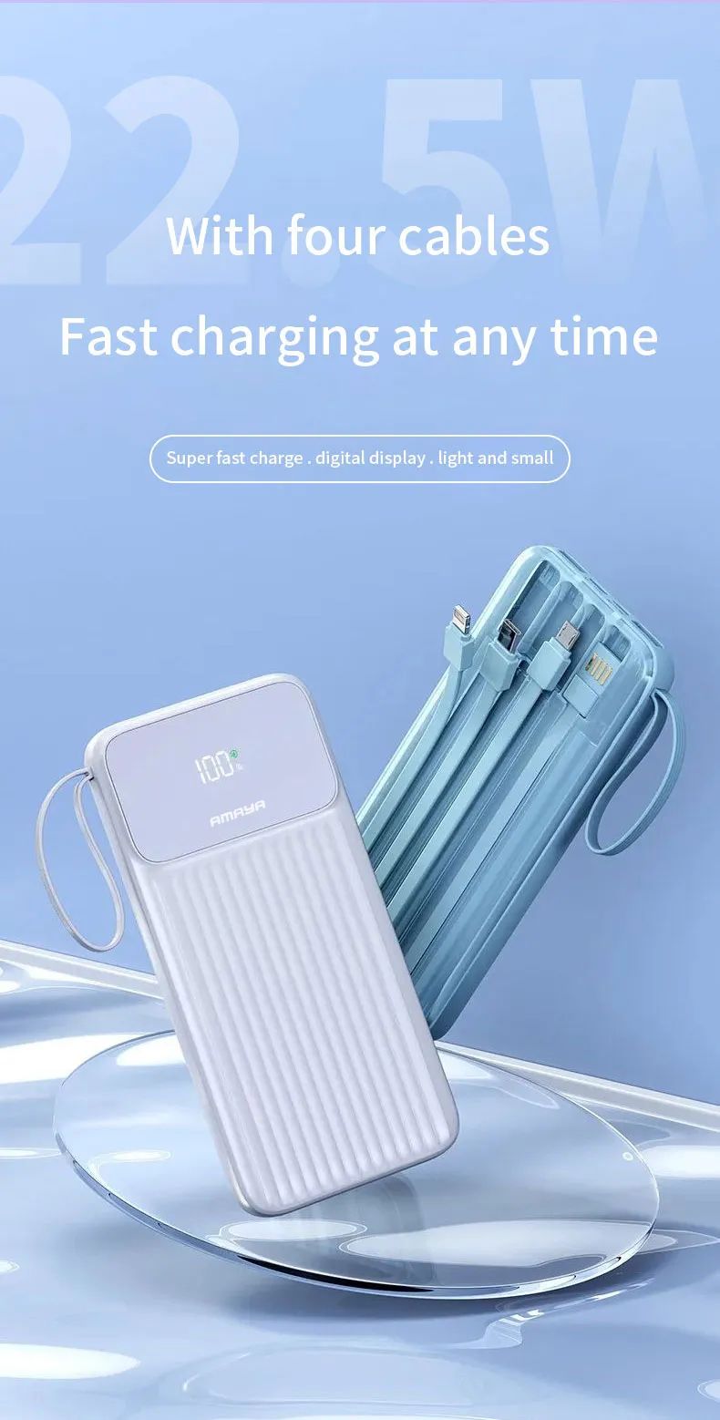 Amaya 10000mAh All-in-One Power Bank | Built-In USB, Micro USB, Type-C & Lightning Cables | Li-Ion Portable Fast Charging Powerbank for Android & iPhone