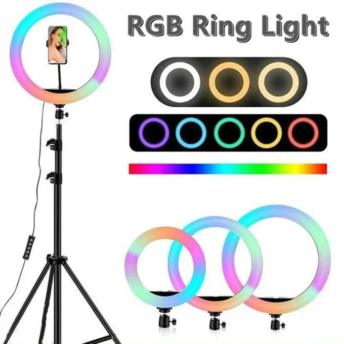 14 Inch RGB Ring Light with 82" Tripod 2500K-8500K Dimmable LED RingLight 3 Color Modes 10 Brightness Level for YouTube Live TikTok Video Recording 14INCH