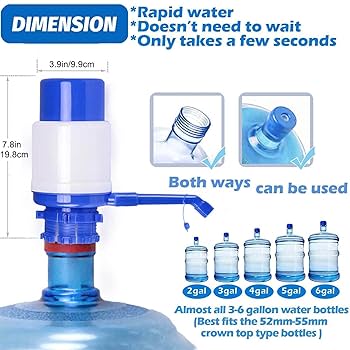 Unique Manual Drinking Water Hand Press Pump/ Water Dispenser.Innovative vacuum action for easy pumping
Removable tube for easy cleaning
Fits most standard 5-6 gallon water bottles
Environmentally Fri