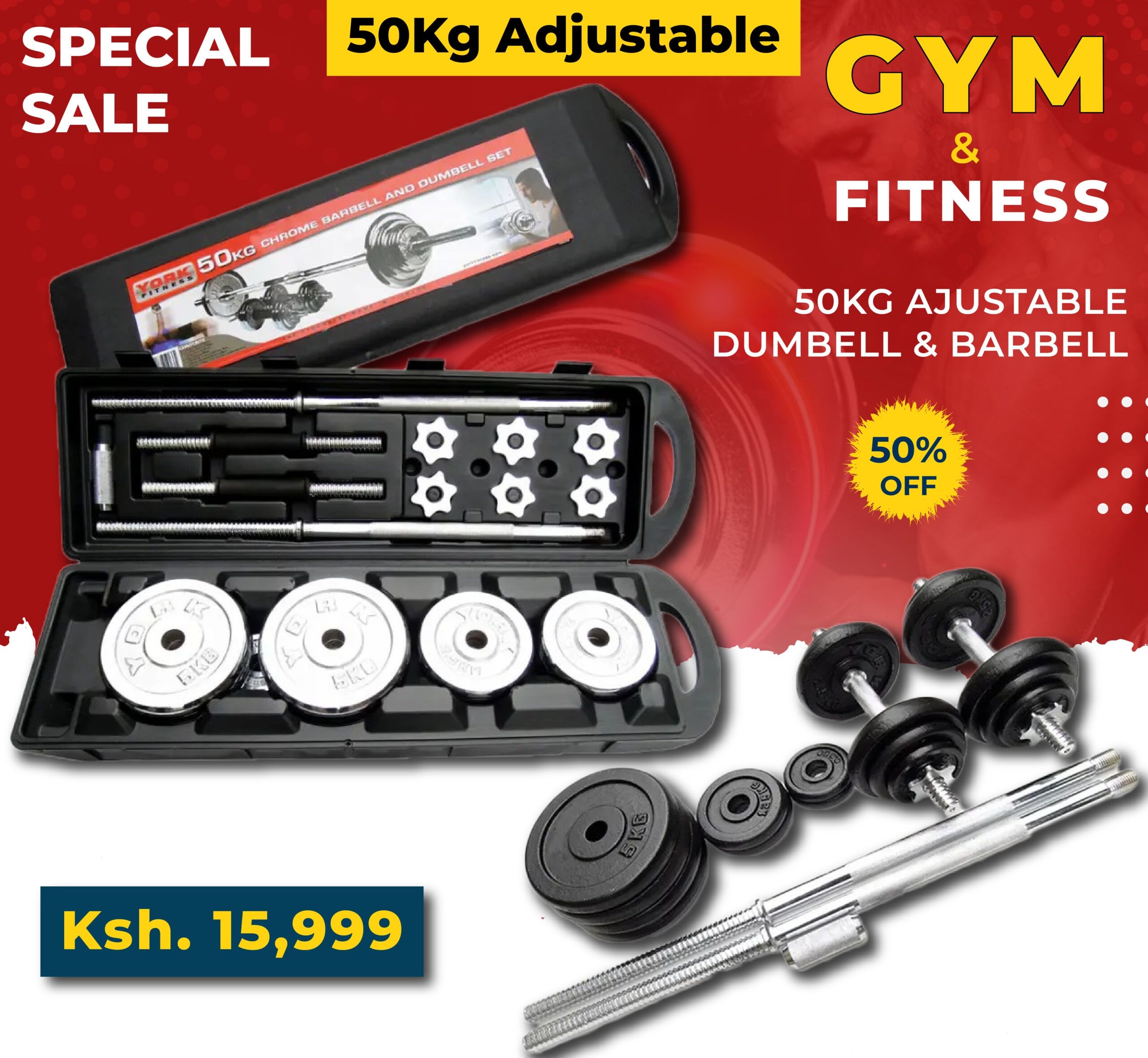 50 kgs and 30kgs Cased Multifunctional Weight training/ Adjustable Chrome Dumbells set/ York Barbell and Dumbbell set for home/office/gym workout N/B WITH A CASE