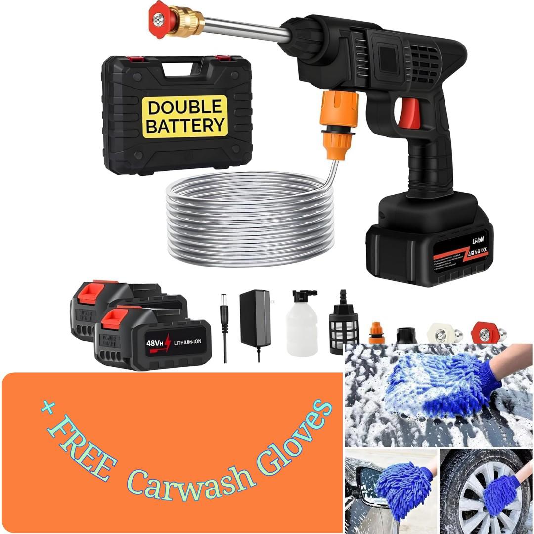High pressure Wireless Car Wash Spray Gun Machine with 2pieces Portable Lithium Battery + FREE Car Wash Cleaning Gloves Super Microfiber Towel Chenille