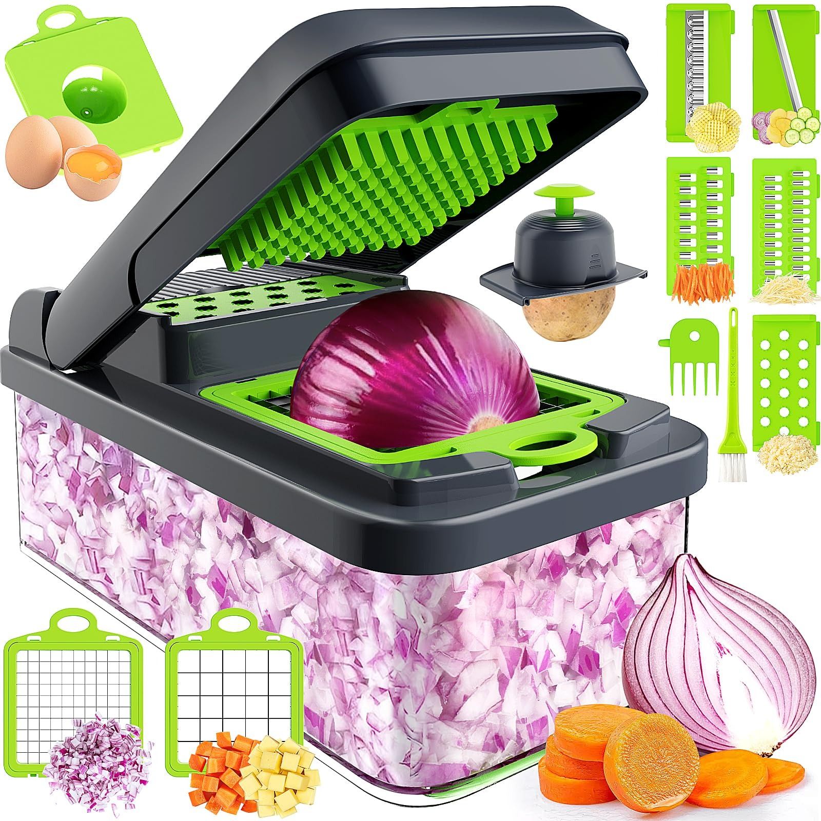 Vegetable Chopper Onion Chopper Mandolin Slicer Pro 13 in 1professional food Choppermultifunctional Vegetable Chopper and Slicer, Dicing Machine, AdjustableVegetable Cutter With Container(grey)