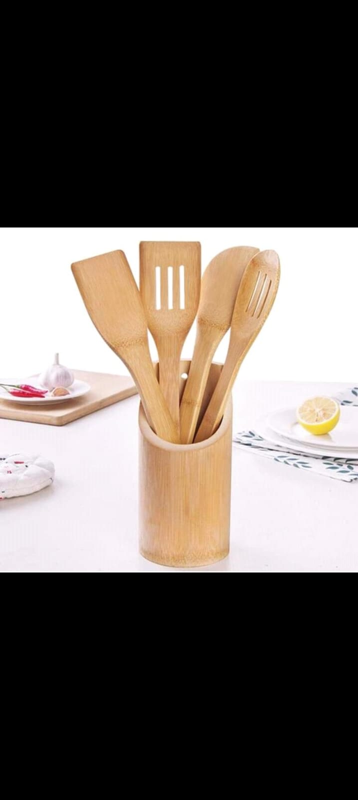 Bamboo Mwiko CookingSet Spoons, Spatulas With Holder For High Heat Resistant In Nonstick Pots, Pans & Cast Irons Skillets