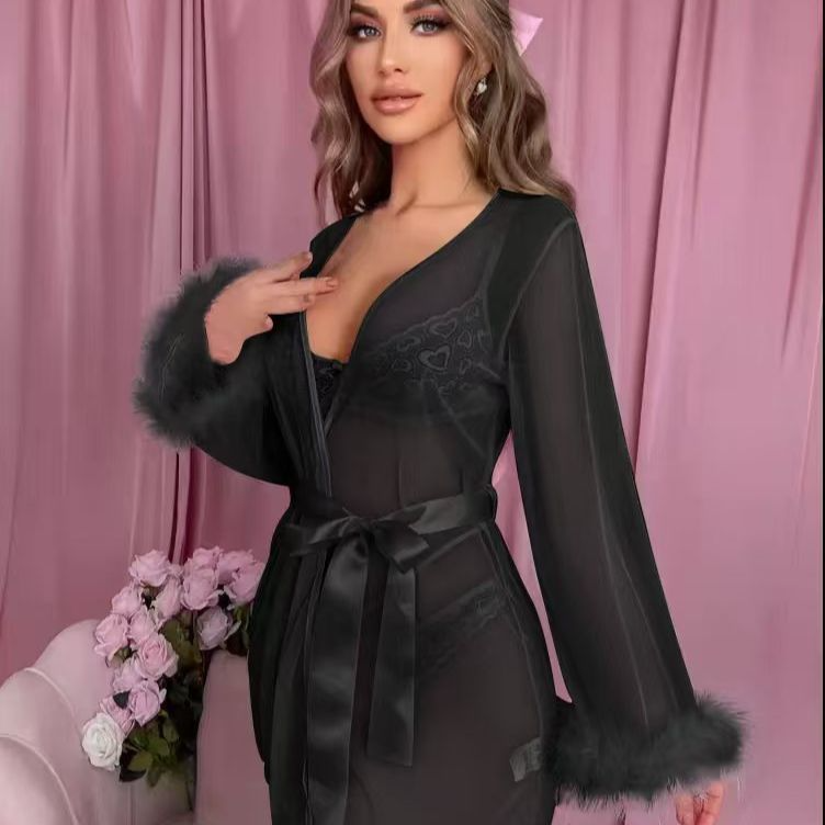 Sexy Feather Robe Seductive Mesh Bathrobe    Fashion Long Sleeve Plush Spliced Thin Lingerie   Female Underwear Nightgown Sheer Robe