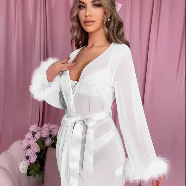 Sexy Feather Robe Seductive Mesh Bathrobe    Fashion Long Sleeve Plush Spliced Thin Lingerie   Female Underwear Nightgown Sheer Robe