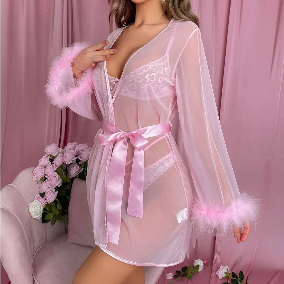 Sexy Feather Robe Seductive Mesh Bathrobe    Fashion Long Sleeve Plush Spliced Thin Lingerie   Female Underwear Nightgown Sheer Robe