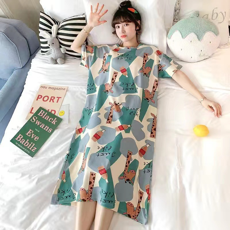 Women's Nightdress  Plus size pajamas Women's summer Korean pajamas Women's summer nightdress short sleeve women's summer loungewear set student cute plus size