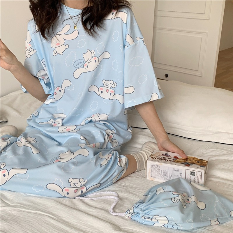 Women's Nightdress  Plus size pajamas Women's summer Korean pajamas Women's summer nightdress short sleeve women's summer loungewear set student cute plus size