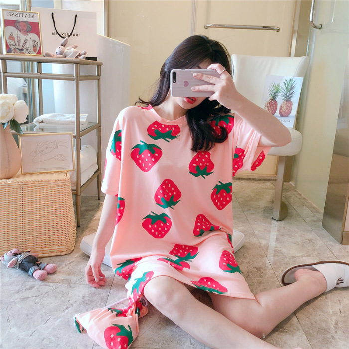 Women's Nightdress  Plus size pajamas Women's summer Korean pajamas Women's summer nightdress short sleeve women's summer loungewear set student cute plus size