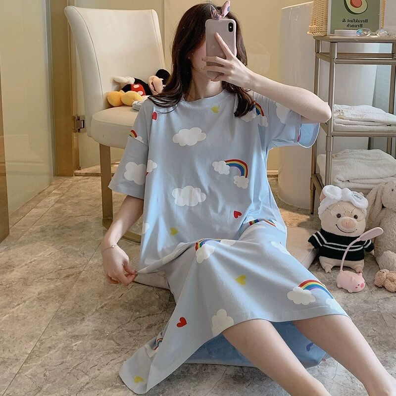 Women's Nightdress  Plus size pajamas Women's summer Korean pajamas Women's summer nightdress short sleeve women's summer loungewear set student cute plus size