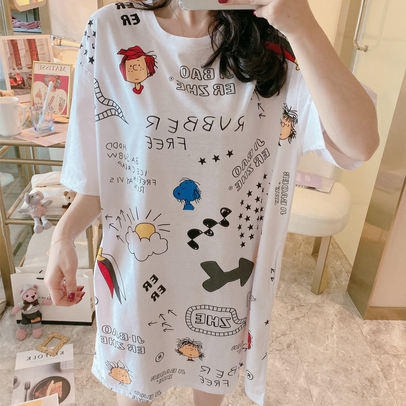 Women's Nightdress  Plus size pajamas Women's summer Korean pajamas Women's summer nightdress short sleeve women's summer loungewear set student cute plus size