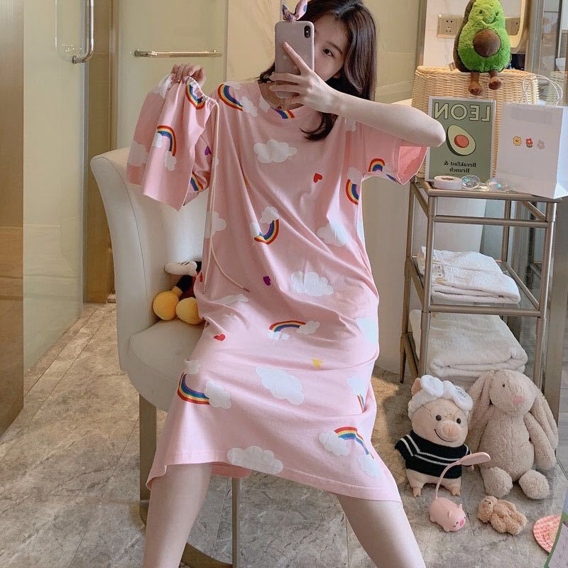 Women's Nightdress  Plus size pajamas Women's summer Korean pajamas Women's summer nightdress short sleeve women's summer loungewear set student cute plus size