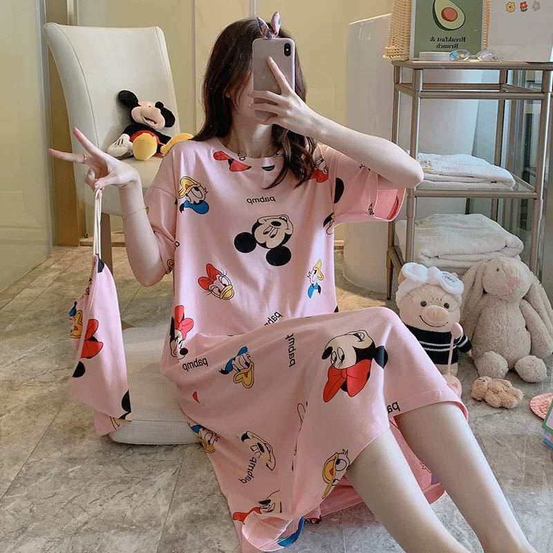 Women's Nightdress   Plus size pajamas Women's summer Korean pajamas Women's summer nightdress short sleeve women's summer loungewear set student cute plus size